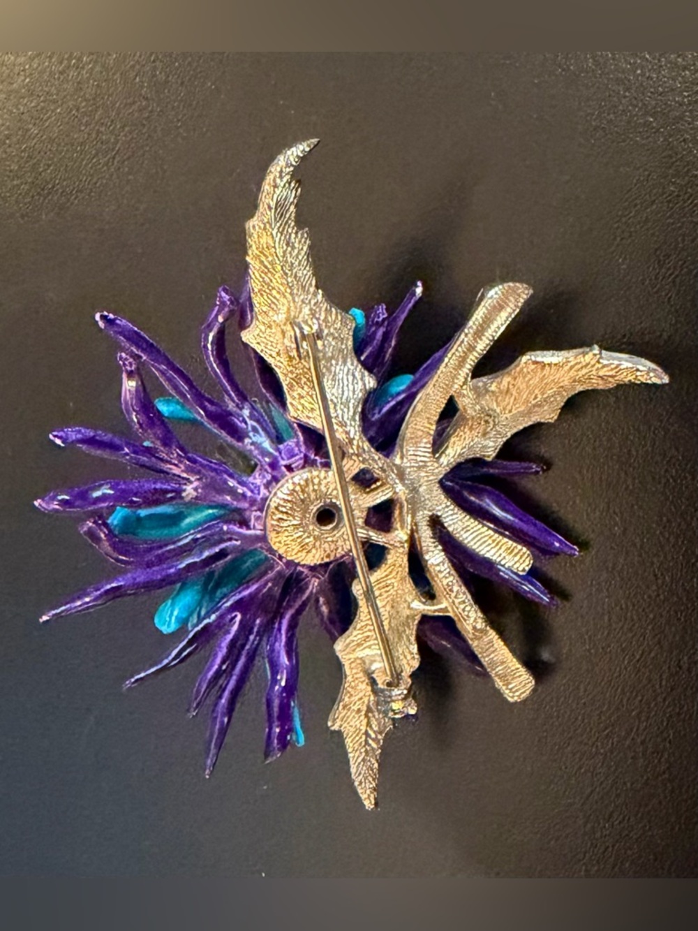 Vintage COROCRAFT Bright Turquoise & Purple Floral Brooch - Picture 3 of 3